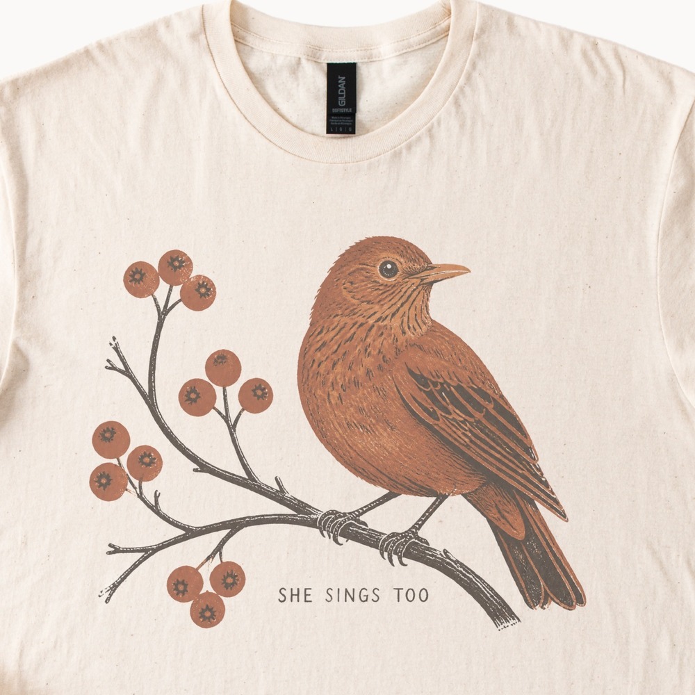 She Sings Too Rust Bird on Berry Branch Tee